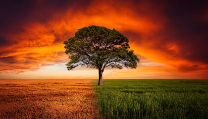 tree beside orange sky with contrasting grass representing climate change