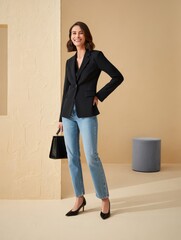 Stylish Woman in Blazer and Jeans Posing with Handbag