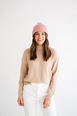 Smiling Woman in Turtleneck and Beanie Looking at Camera