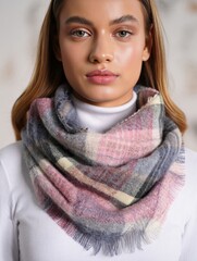 Young Woman Wearing a Cozy Plaid Scarf and Sweater