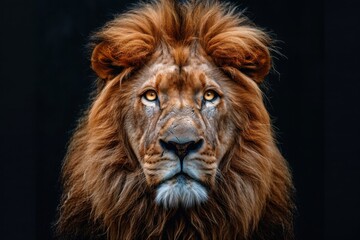 Naklejka premium Portrait lion on the black. Detail face lion. Hight quality portrait lion. Portrait from animal