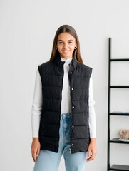 Stylish Woman in Padded Vest and Casual Outfit