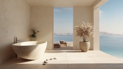 Obraz na płótnie Canvas Beige outdoor bathroom with sea view