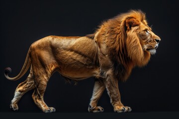 Obraz premium Side view of a Lion walking, looking at the camera,