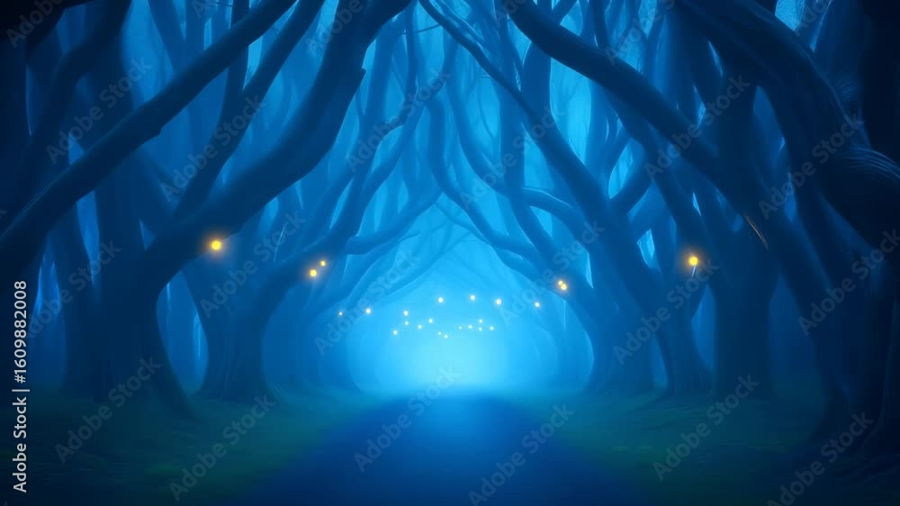 Poster dark forest with arching trees creating magical tunnel. glowing blue light illuminates path with sca