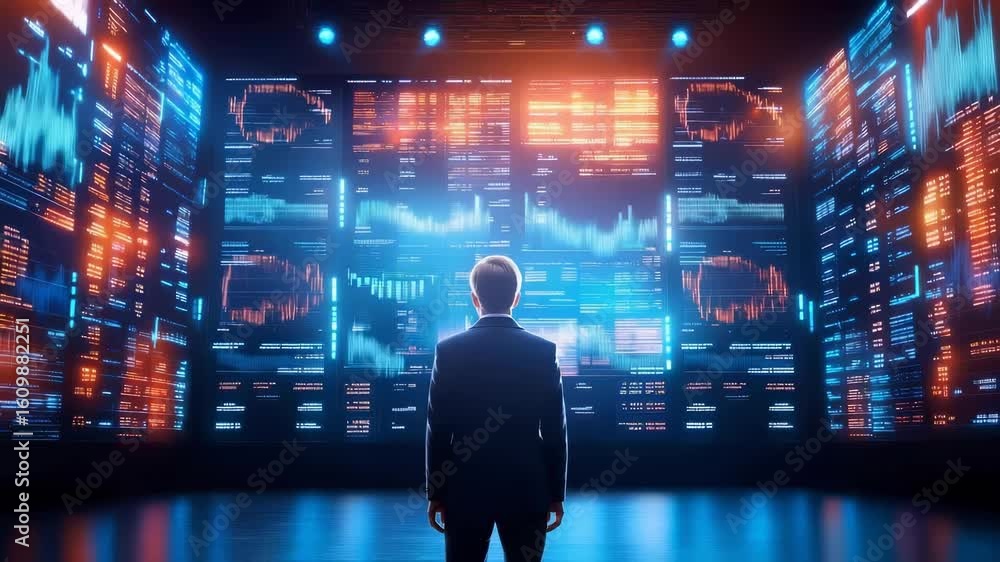 Aufkleber businessman in suit standing with raised hand analyzing complex financial data visualization screens