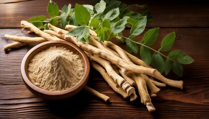 fresh ashwagandha roots on a rustic wooden table