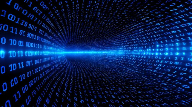 Digital tunnel of blue binary code image