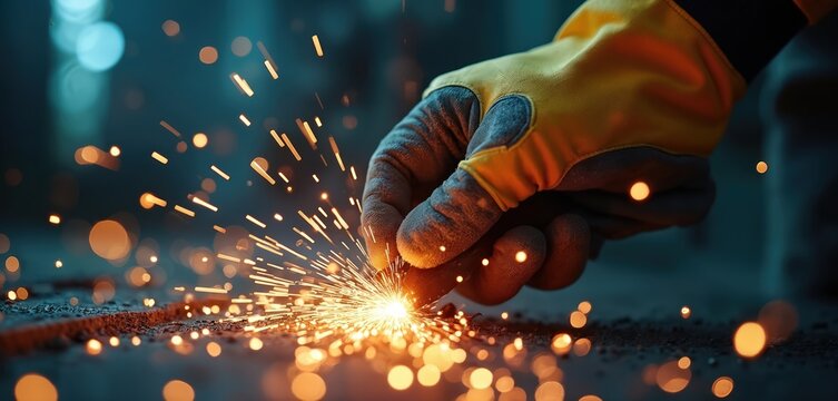 Close-up of gloved hand in motion amidst flying sparks. Image represents intense industrial work, skilled craftsmanship, manual labor. Rugged, worn texture of glove conveys resilience, dedication in