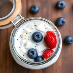 Jar with overnight oats with fresh blueberry. Healthy yougurt with coconut milk and fruits, top view
