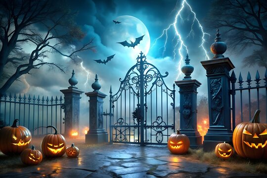 Glowing jackolanterns sit before a haunted gate and pillars during a spooky halloween night with lightning - Powered by Adobe