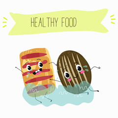 Baked food funny characters, hand drawn vector illustration.