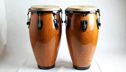 Pair of warm brown wooden conga drums with polished finish, metal hardware. Percussion instruments feature natural wood grain, crisp drumheads, ideal for Latin music, rhythm, performance. Studio shot