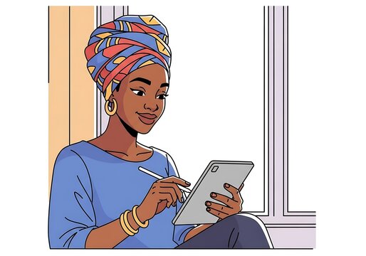 A woman in a colorful head wrap using a tablet near a window.