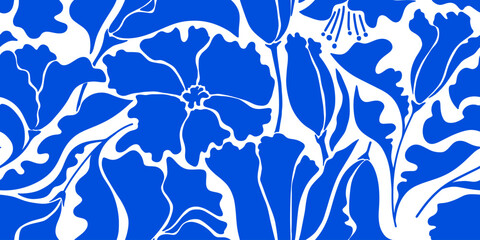 Fauvism style seamless floral pattern. Blue and white background with abstract plants silhouette. Poppies flowers. Portuguese azulejos. Vintage texture. Decorative simple botanical pattern