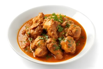 A casual photo of chicken curry with clean white background, aerial shot. It's a casual photo.