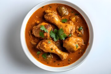 Fototapeta premium A casual photo of chicken curry with clean white background, aerial shot. It's a casual photo.