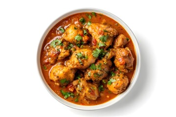 A casual photo of chicken curry with clean white background, aerial shot. It's a casual photo.