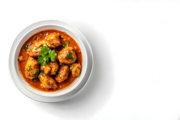 Fototapeta premium A casual photo of chicken curry with clean white background, aerial shot. It's a casual photo.
