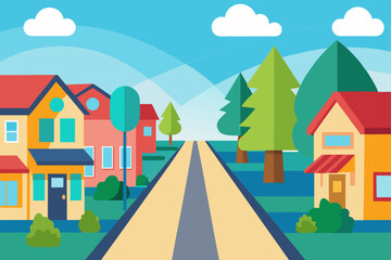 Winter landscape cartoon vector illustration with houses and trees