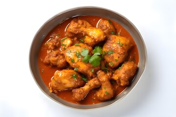 Fototapeta premium A casual photo of chicken curry with clean white background, aerial shot. It's a casual photo.