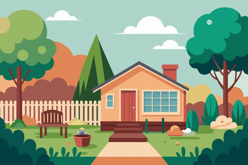 Naklejka premium Country landscape with a charming house, green trees, and a clear sky, perfect for a summer illustration