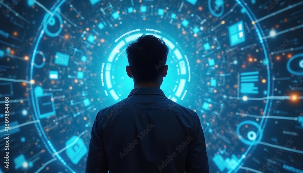 Poster man gazes at glowing futuristic interface of digital network. abstract data stream with cyber symbol
