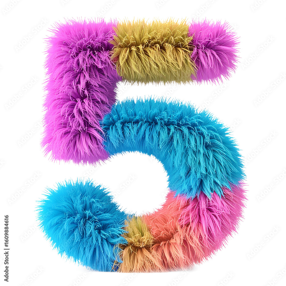 Poster fuzzy number five with colorful fur isolated on transparent background