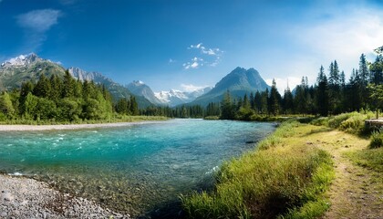 serene river landscape with mountain backdrop