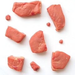 Meat pieces of various sizes on a white background, top view, photography.