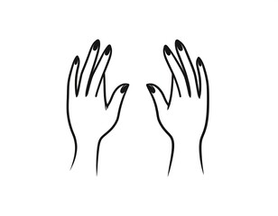 Two simple black-line hands raised, palms facing each other