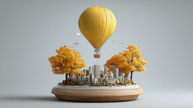 Miniature Cityscape with Golden Autumn Trees and Yellow Hot Air Balloon on Wooden Base 3 D Render