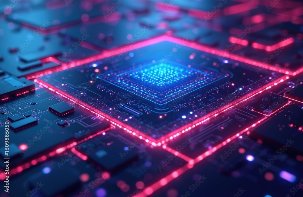 Aufkleber futuristic cyber grid design with blue, purple glowing edges, illuminated by neon lights. tech-inspi