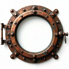 Obraz premium Rustic copper steampunk porthole window frame with gears and rivets. Features a round, weathered metal design with nautical and industrial elements. Perfect for adding vintage style to projects.