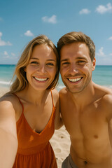 Fototapeta premium Radiant Smiles on the Shore: A sun-kissed couple captures a joyful selfie at the beach, embodying the essence of carefree travel and shared happiness under a clear blue sky.