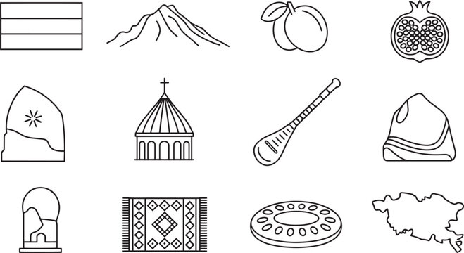 Armenian Cultural Heritage Icons Set Outline Style National Symbols Landmarks Traditions