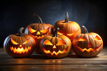 Obraz premium A group of five carved pumpkins with glowing faces sit on a wooden surface at night