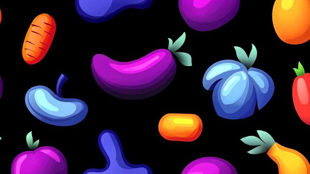 vibrant fruit and vegetable pattern on black background