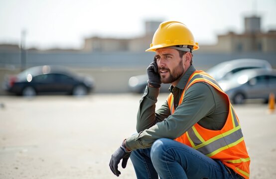 Construction worker in hard hat, safety vest sits in parking lot talking on phone. Male employee wears workwear, gloves. Urban industrial environment. Man appears stressed, fatigued from job.