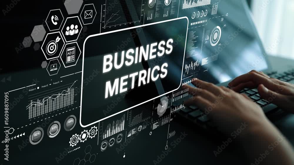 Poster Business Metrics Dashboard with Graphs and Data Analysis Tools for Business Intelligence and Performance Strategy. Asymptotic smart data analytic.
