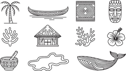 Polynesian Culture Outline Icons Set Palm Tree Canoe Textile Mask Leaf Hut Coral Whale © fay009