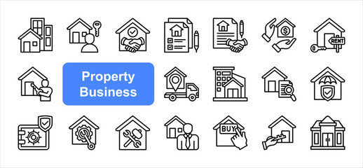 Property Business editable stroke icon set. Tenant, Contract, Mortgage, Home rent, Ownership, Home inspection, Property agent, Advertising