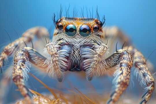 Portrait of a jumping spider magnified 10 times. Real life frame width is 2.2mm. Jumping spiders are a group of spiders that constitute the family Salticidae.