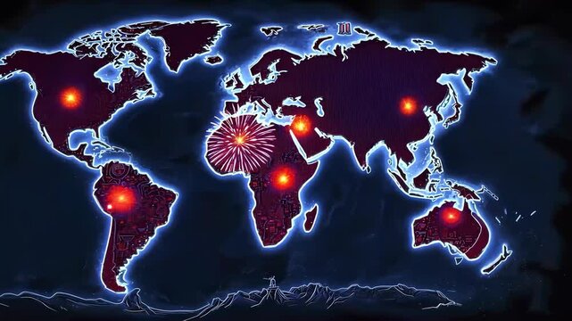 Fantasy world map illuminated with cosmic elements and vibrant colors