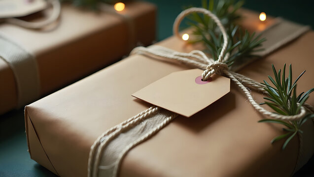 Wrapped gifts with brown paper, twine, tags, and greenery. Close-up, minimalist aesthetic.