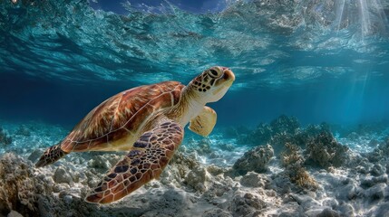Fototapeta premium Majestic Sea Turtle in a Vibrant Coral Reef