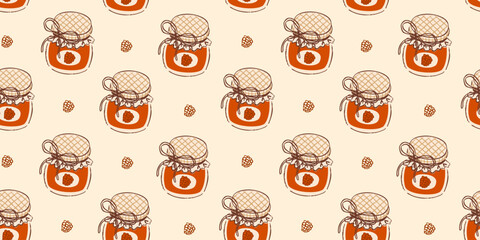 Homemade jam jar seamless pattern. Vintage raspberry jam in a glass jar background. Kitchen, cooking, preserves pattern. Paper, fabric design.