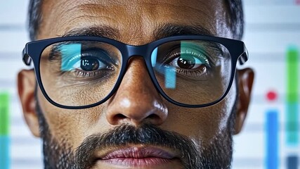 Confident businessman analyzing market trends with data visualization background - Powered by Adobe