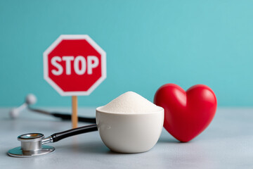 An illustration of a stop sign, stethoscope, heart and sugar, highlighting the dangers of too much sugar for a healthy heart