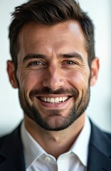 Fototapeta premium Bearded businessman smiles confidently. Handsome man wears formal suit and white shirt. Pro entrepreneur poses in studio. Career, finance, management and success.